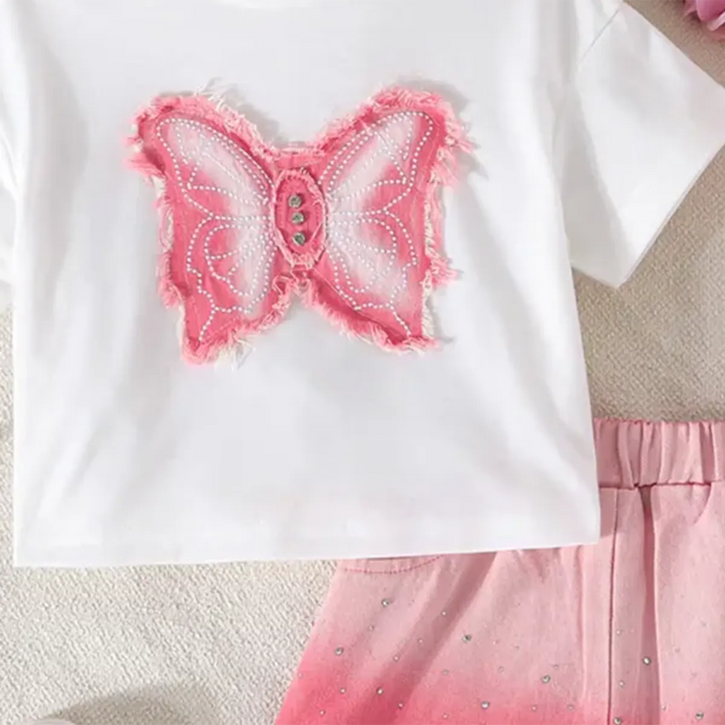 Girls White Butterfly Applique T-Shirt With Ombre Print Shorts Sets Sets