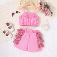 Girls Pink Sequin Bow Applique Top With Ruffled Shorts Sets 2 pc. Sets