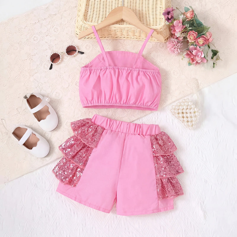 Girls Pink Sequin Bow Applique Top With Ruffled Shorts Sets 2 pc. Sets