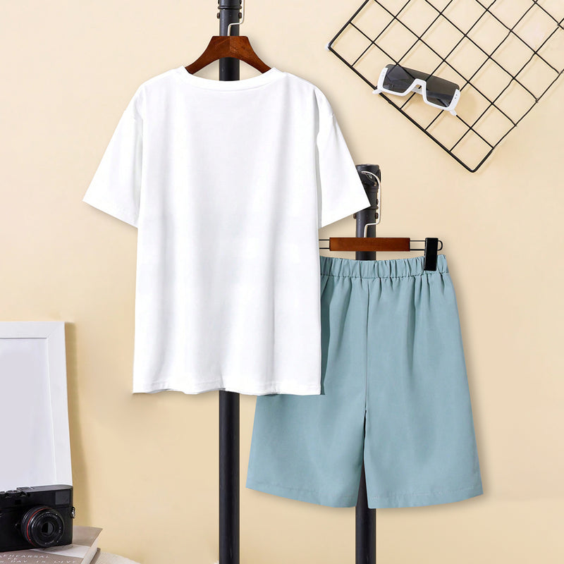Boys White Striped Short Sleeves Printed T-Shirt With Cross Pockets Shorts Set 2 pc. Sets