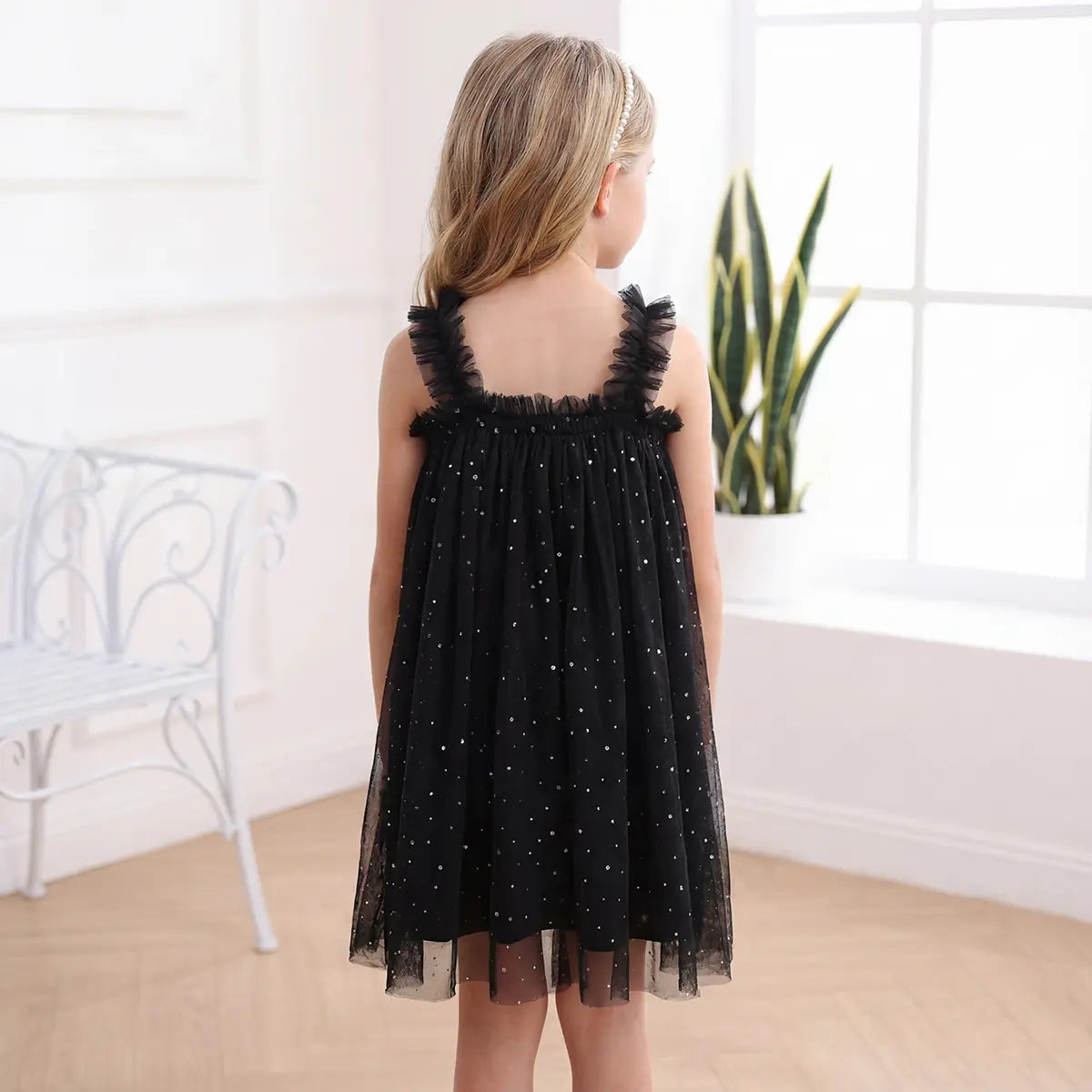 Girls Black Polka Dot Print Tulle Overlay Sleeveless A-line Dress Casual Dresses