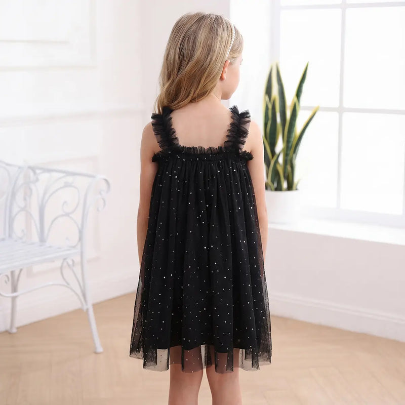 Girls Black Polka Dot Print Tulle Overlay Sleeveless A-line Dress Casual Dresses