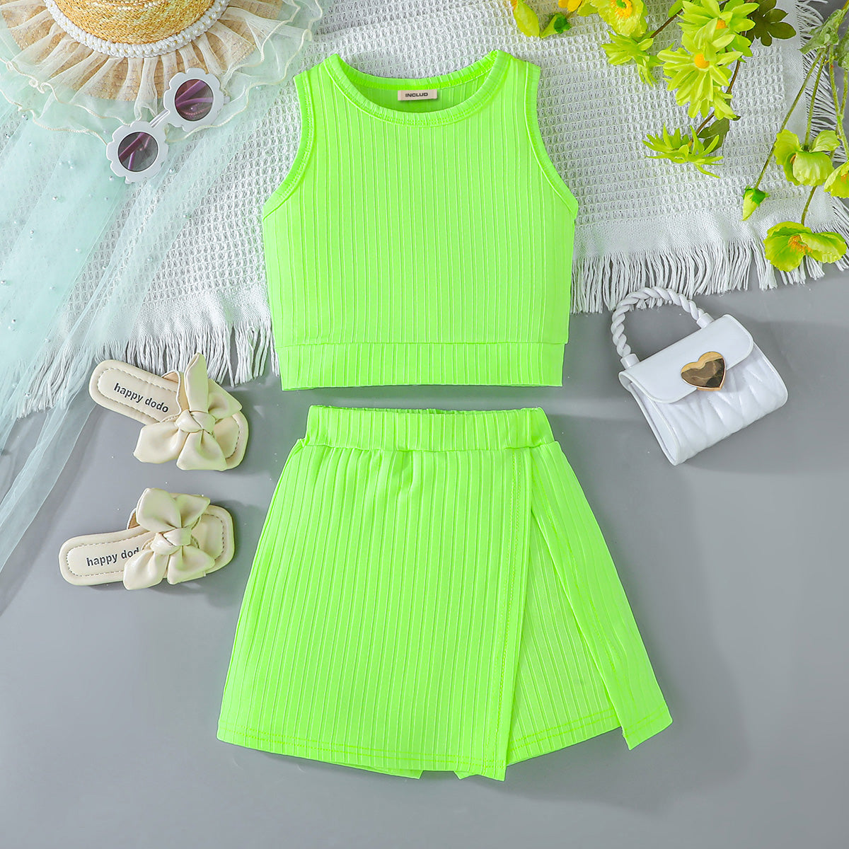 Girls Neon Green Sleeveless Top With Skorts Set 2 pc. Sets Green 2-3 Y