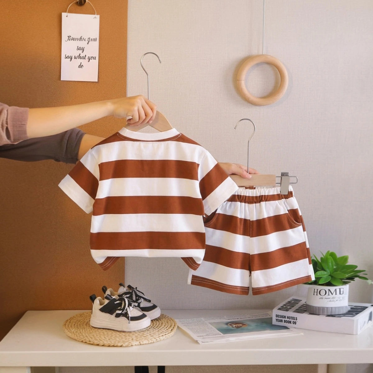 Boys Brown Rocket Fries Striped T-Shirt With Elasticated Shorts Sets 2 pc. Sets