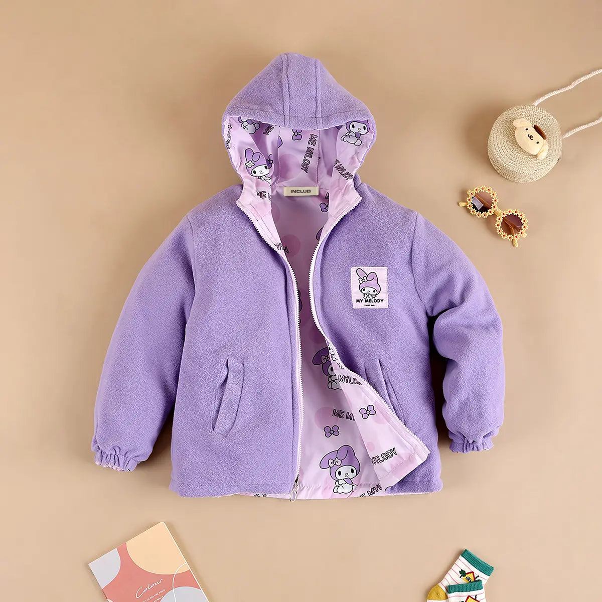 Girls Purple Typographic Printed Reversible Hooded Zipper Jacket Coats & Jackets