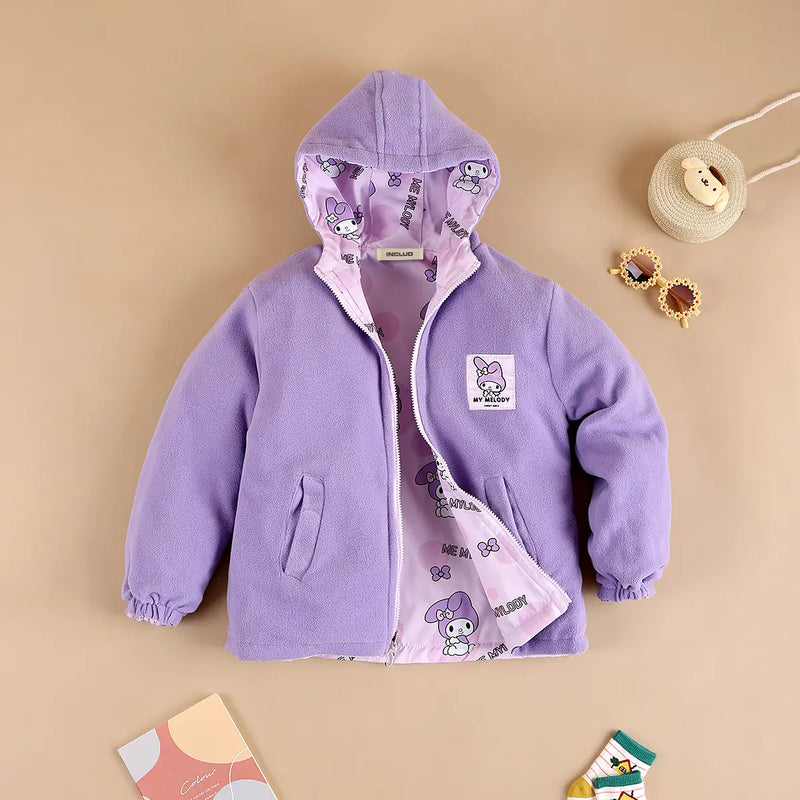 Girls Purple Typographic Printed Reversible Hooded Zipper Jacket Coats & Jackets
