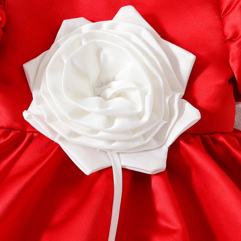 Girls Red 3D Flower Applique Fit & Flare Party Wear Dress Party Dresses