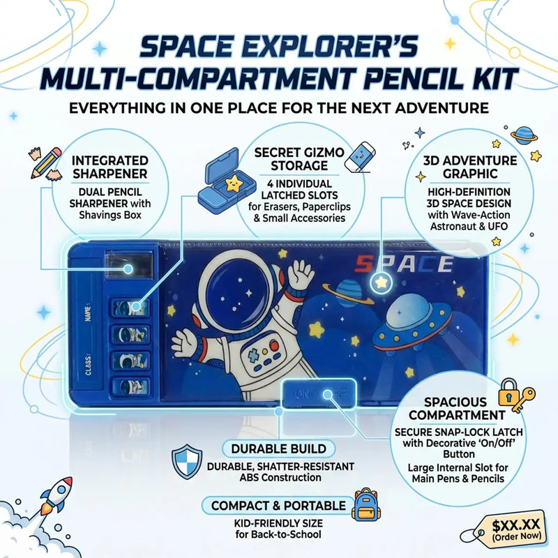Astronaut Space Adventure Pencil Case Kids School Stationery Box Trending Accessories