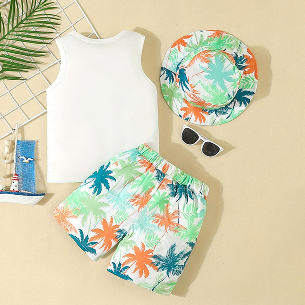 Boys White Tropical Printed Sleeveless T-Shirt With Shorts Set 2 pc. Sets