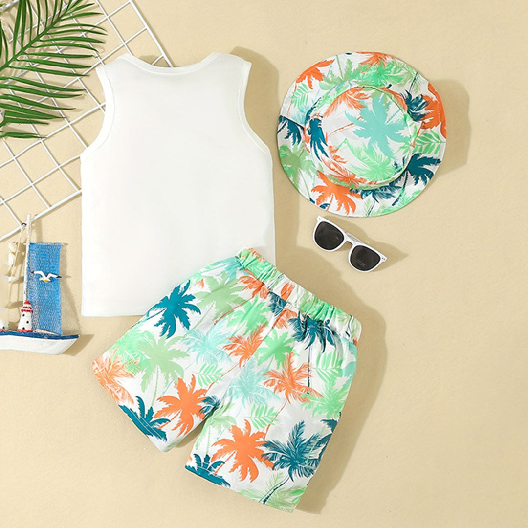 Boys White Tropical Printed Sleeveless T-Shirt With Shorts Set 2 pc. Sets