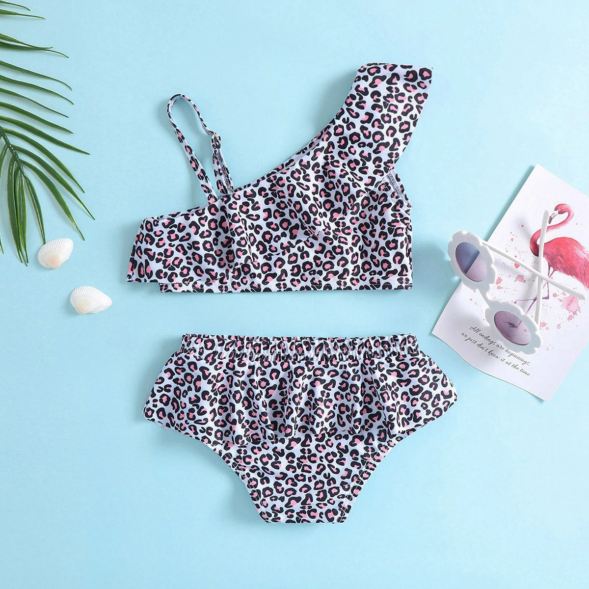 Girls Black Leopard Print One Shoulder Top With Briefs Swimwear Sets Sets