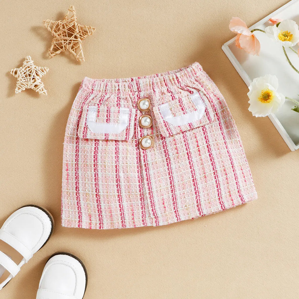 Girls Pink Teddy Bear Applique Short Sleeve T-Shirt With Skirt Sets 2 pc. Sets