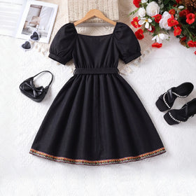Girls Black Puff Sleeve Fit & Flare Dress With Lace Detail Casual Dresses