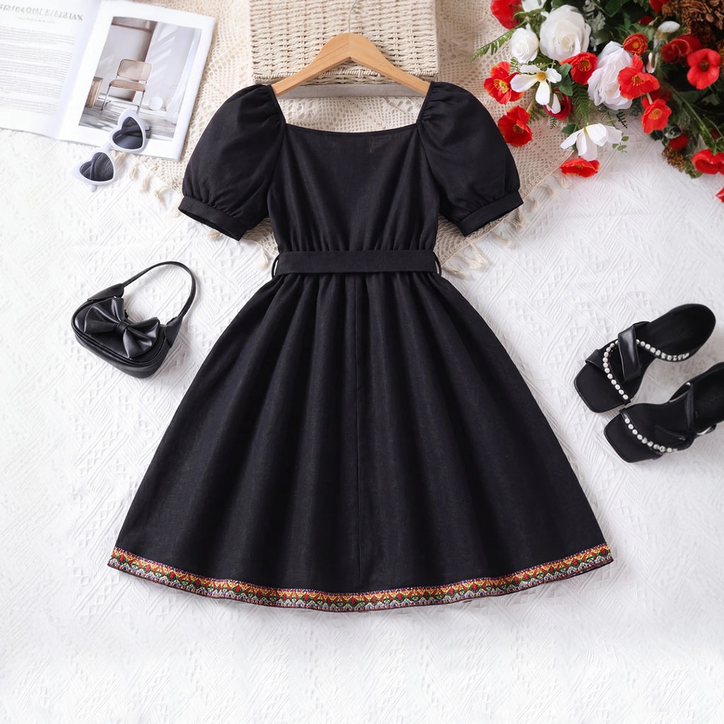 Girls Black Puff Sleeve Fit & Flare Dress With Lace Detail Casual Dresses