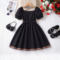 Girls Black Puff Sleeve Fit & Flare Dress With Lace Detail Casual Dresses