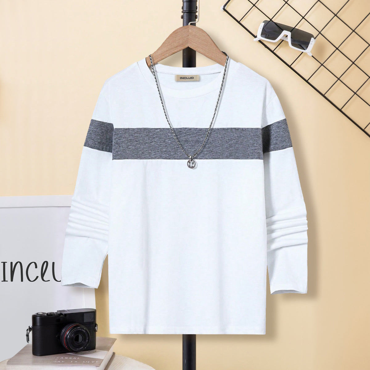Boys White Long Sleeve Round Neck Color-blocked T-Shirt Tshirts White 7-8 Y