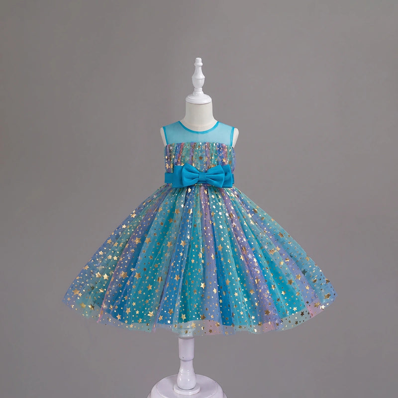 Girls Blue Star Foil Print Sleeveless Fit & Flare Party Wear Dress Party Dresses Blue 2-3 Y