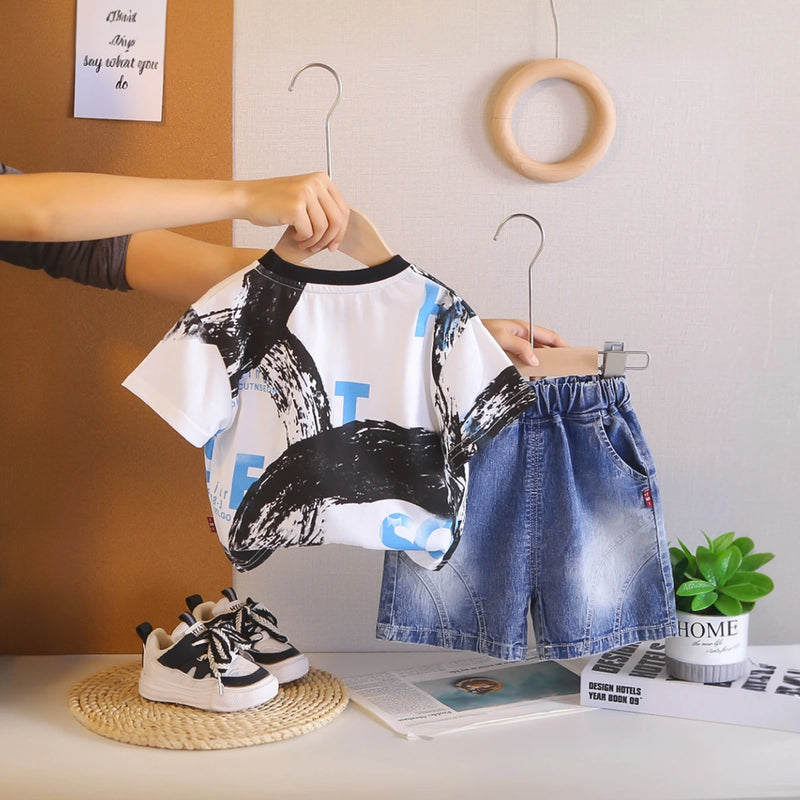 Boys Black Abstract Print Short Sleeves T-Shirt With Denim Shorts Set Sets