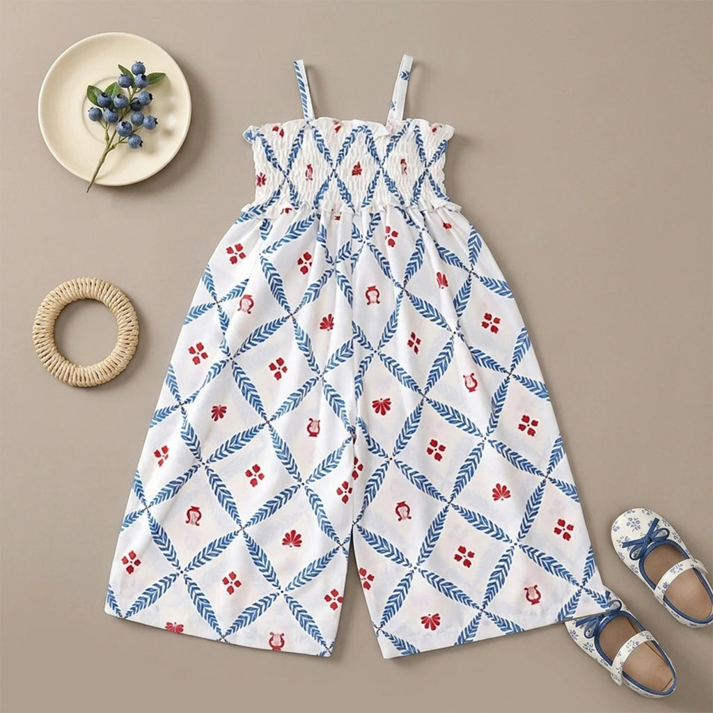 Girls Blue Floral Smocked Square Neck Jumpsuit Jumpsuits Blue 2-3 Y