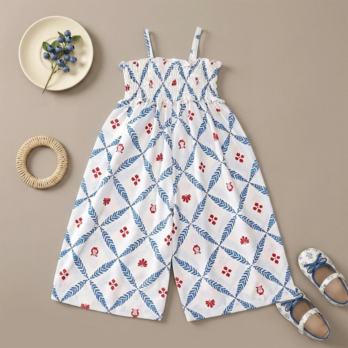Girls Blue Floral Smocked Square Neck Jumpsuit Jumpsuits Blue 2-3 Y
