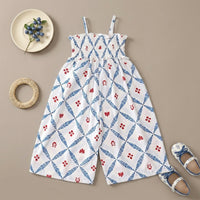 Girls Blue Floral Smocked Square Neck Jumpsuit Jumpsuits Blue 2-3 Y