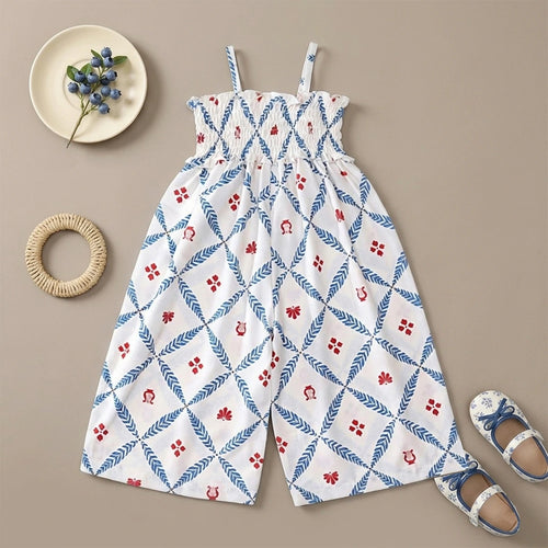 Girls Blue Floral Smocked Square Neck Jumpsuit Jumpsuits Blue 2-3 Y