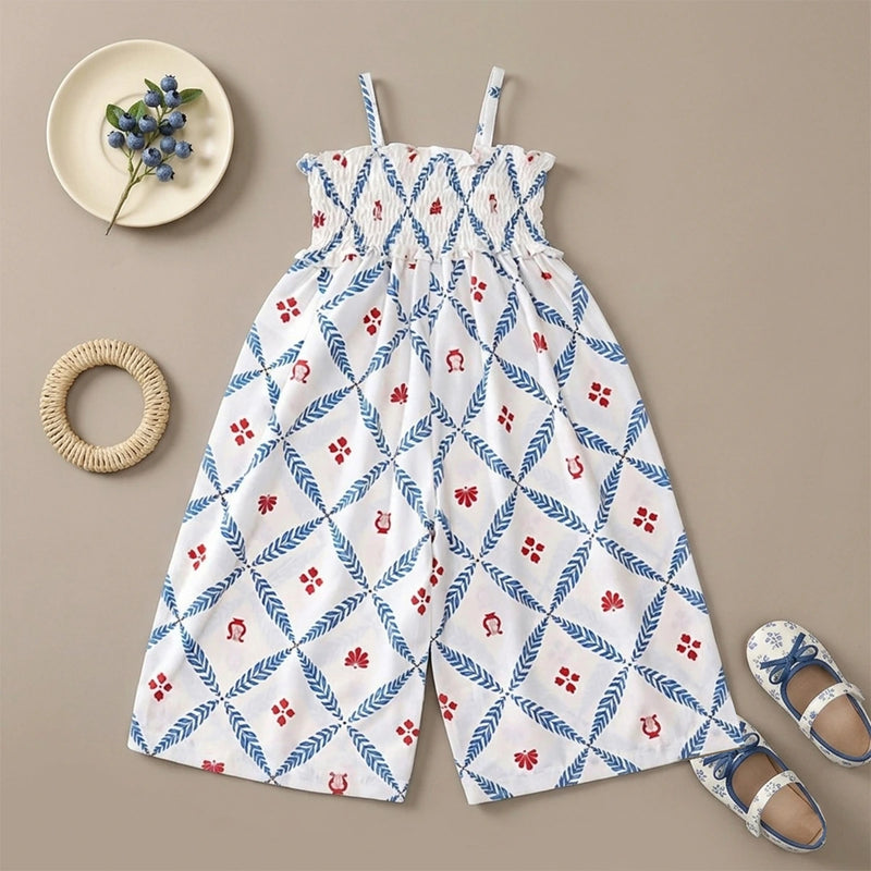 Girls Blue Floral Smocked Square Neck Jumpsuit Jumpsuits Blue 2-3 Y