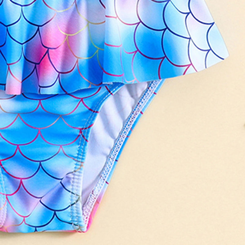 Girls Blue Abstract Printed One Shoulder top With Briefs Swimwear Sets Sets