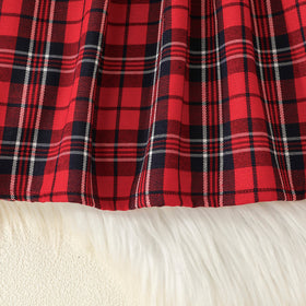Girls Red Long Sleeve Checked Fit & Flare Winter Casual Dresses Casual Dresses