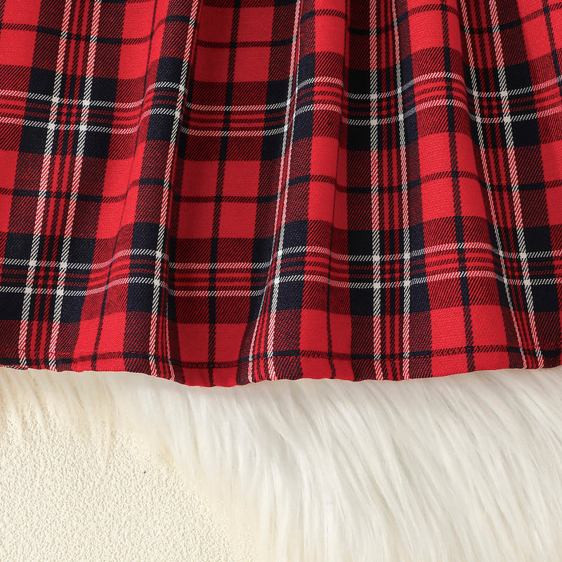 Girls Red Long Sleeve Checked Fit & Flare Winter Casual Dresses Casual Dresses