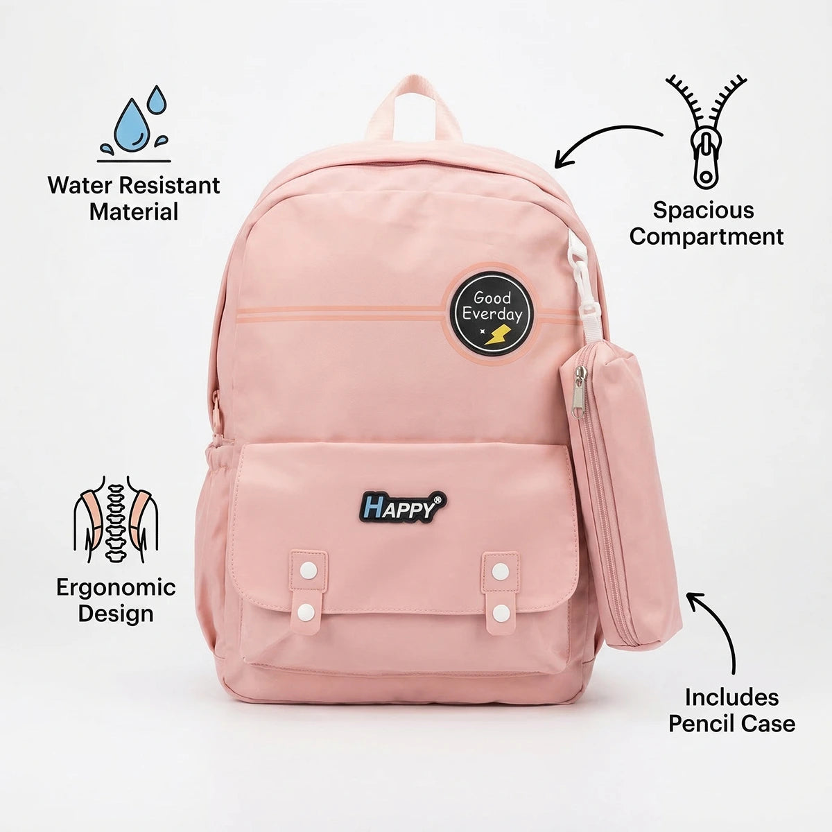 Girls Peach Pink School Backpack with Detachable Side Pouch Trending Accessories