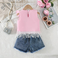 Girls Pink Pearl Bow Lace Top With Denim Shorts Sets Sets