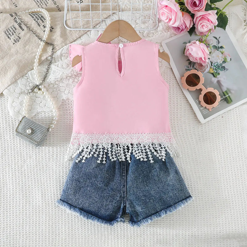 Girls Pink Pearl Bow Lace Top With Denim Shorts Sets Sets