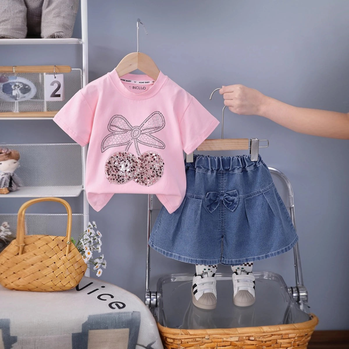 Girls Light Pink Cherry Bow Embellished T-Shirt With Denim Shorts Sets 2 pc. Sets Light Pink 1-2 Y