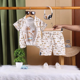 Boys Brown Tropical Print T-Shirt With Printed Shirt and Shorts Sets Sets Brown 6-12 M