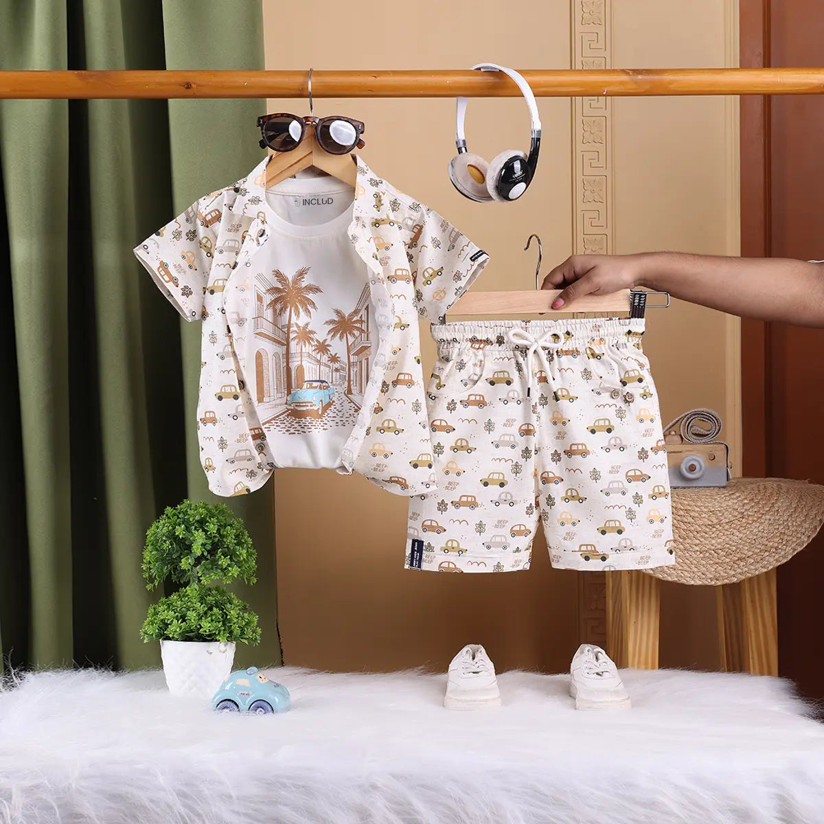 Boys Brown Tropical Print T-Shirt With Printed Shirt and Shorts Sets Sets Brown 6-12 M