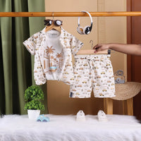 Boys Brown Tropical Print T-Shirt With Printed Shirt and Shorts Sets Sets Brown 6-12 M