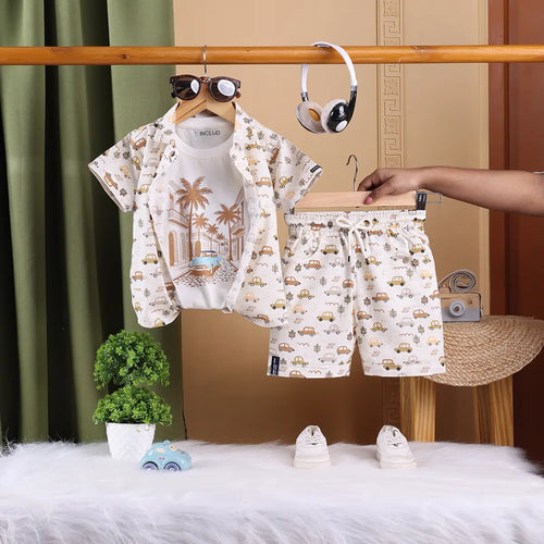 Boys Brown Tropical Print T-Shirt With Printed Shirt and Shorts Sets Sets Brown 6-12 M
