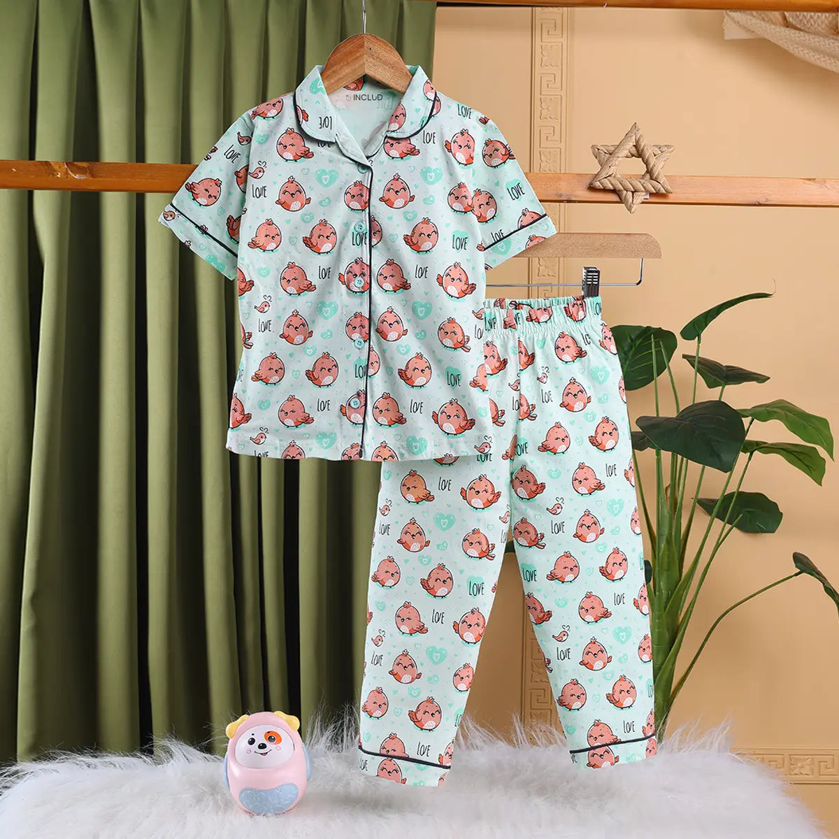 Girls Sea Green Bird Print Short Sleeve Shirt With Elasticated Pants Sets Sets Sea Green 2-3 Y