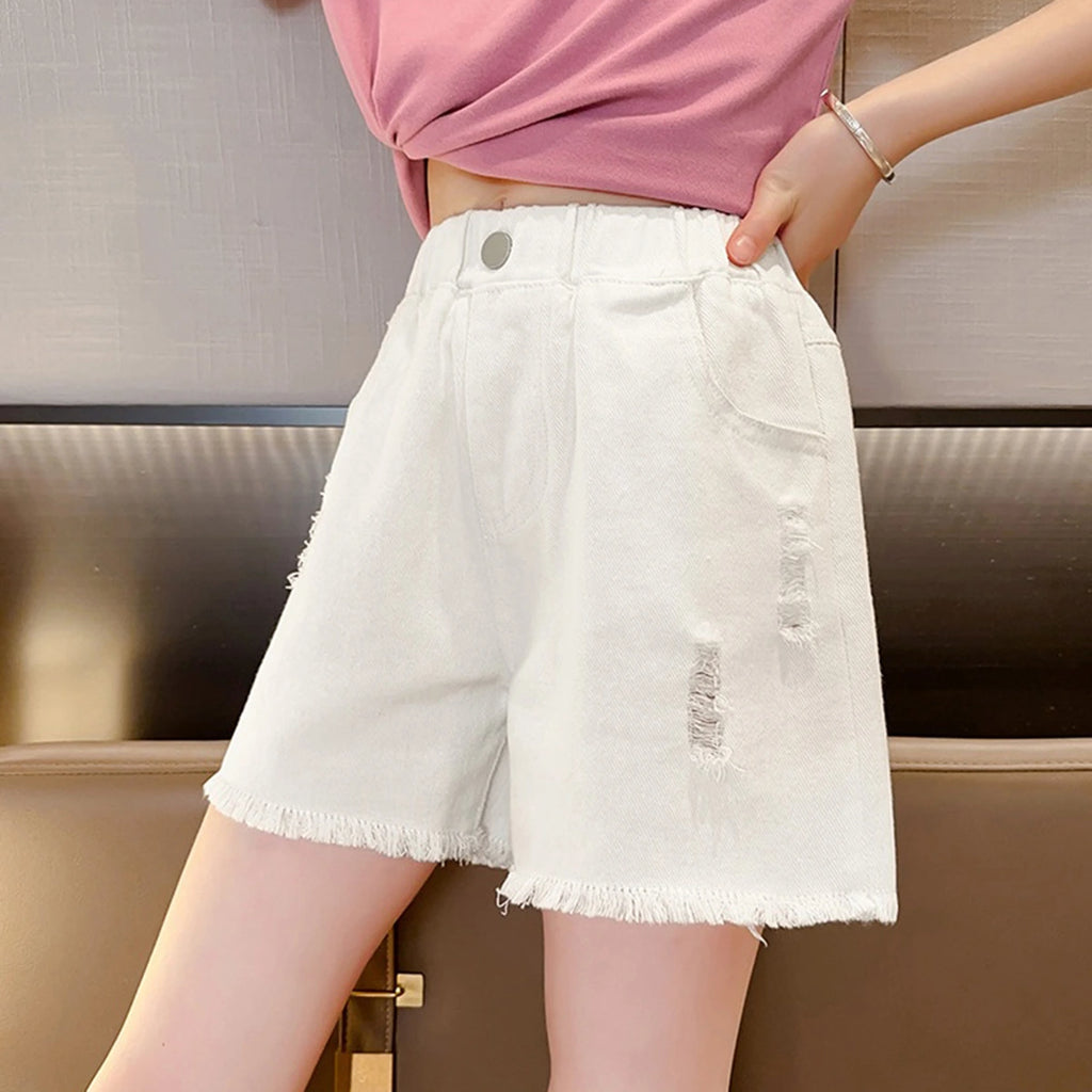 Girls White Distressed Relaxed Fit Denim Shorts Shorts