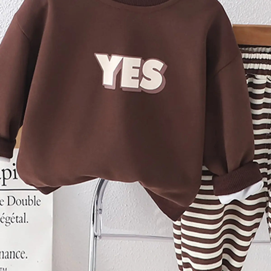 Girls Dark Brown Typographic Printed Sweatshirt With Stripes Jogger Sets Sets