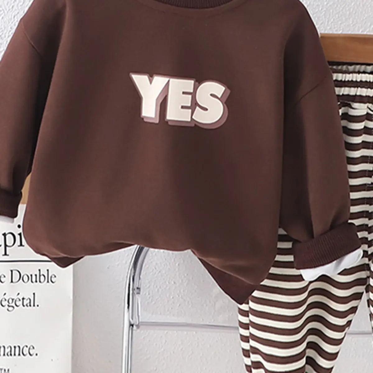 Girls Dark Brown Typographic Printed Sweatshirt With Stripes Jogger Sets Sets