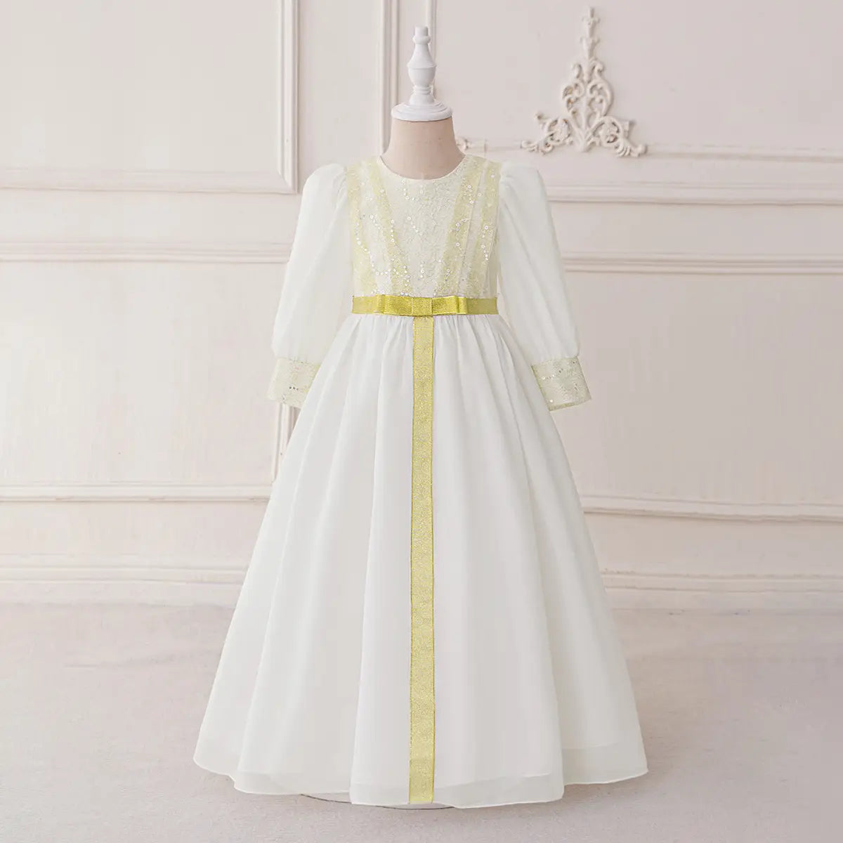 Girls White Embellished Maxi Dress With Puff Sleeves Casual Dresses White 3-4 Y