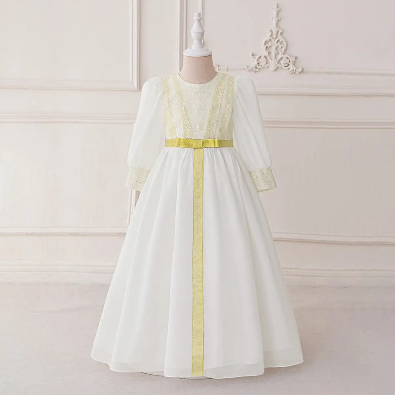 Girls White Embellished Maxi Dress With Puff Sleeves Casual Dresses White 3-4 Y