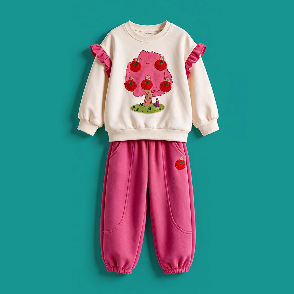 Girls Fuchsia Graphic Ruffled Sweatshirt With Joggers Sets Sets Fuchsia 1-2 Y