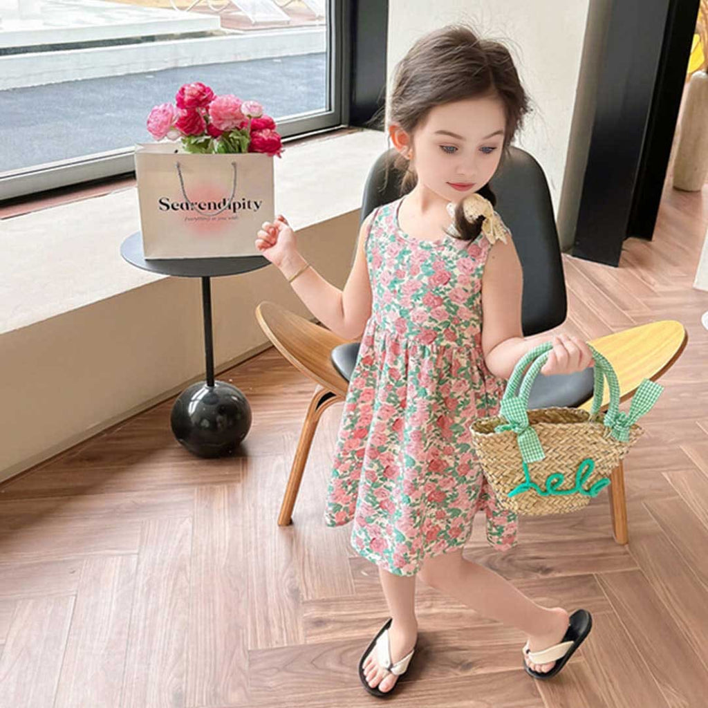 Girls Floral Print Bow Applique Flared Dress