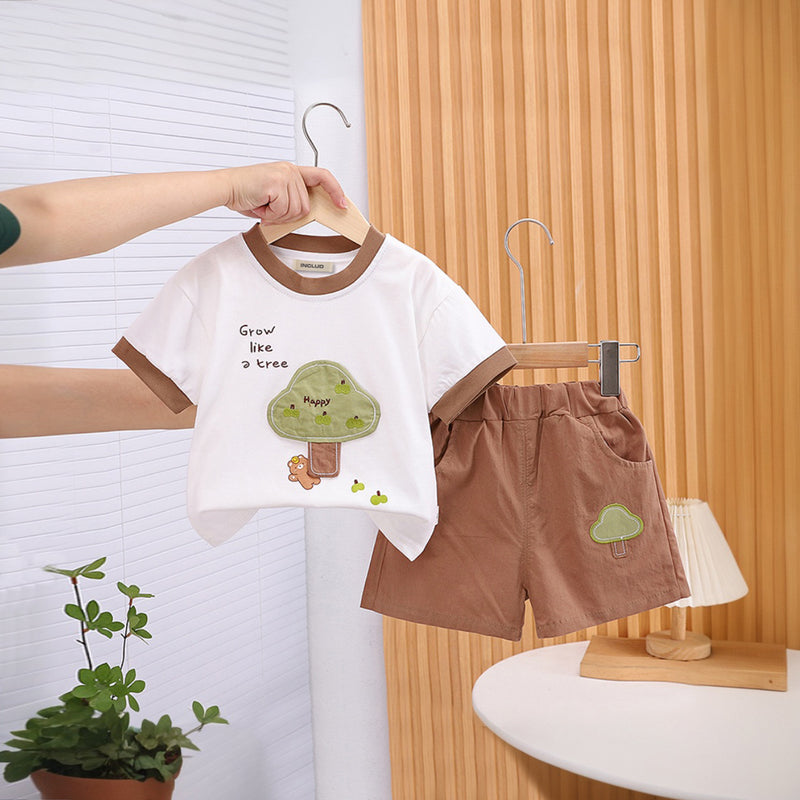Boys Embroidery Applique Short Sleeves T-Shirt With Brown Shorts Set 2 pc. Sets Brown 1-2 Y