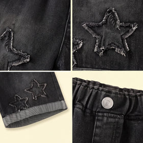 Girls Black Star Elasticated Denim Shorts Shorts