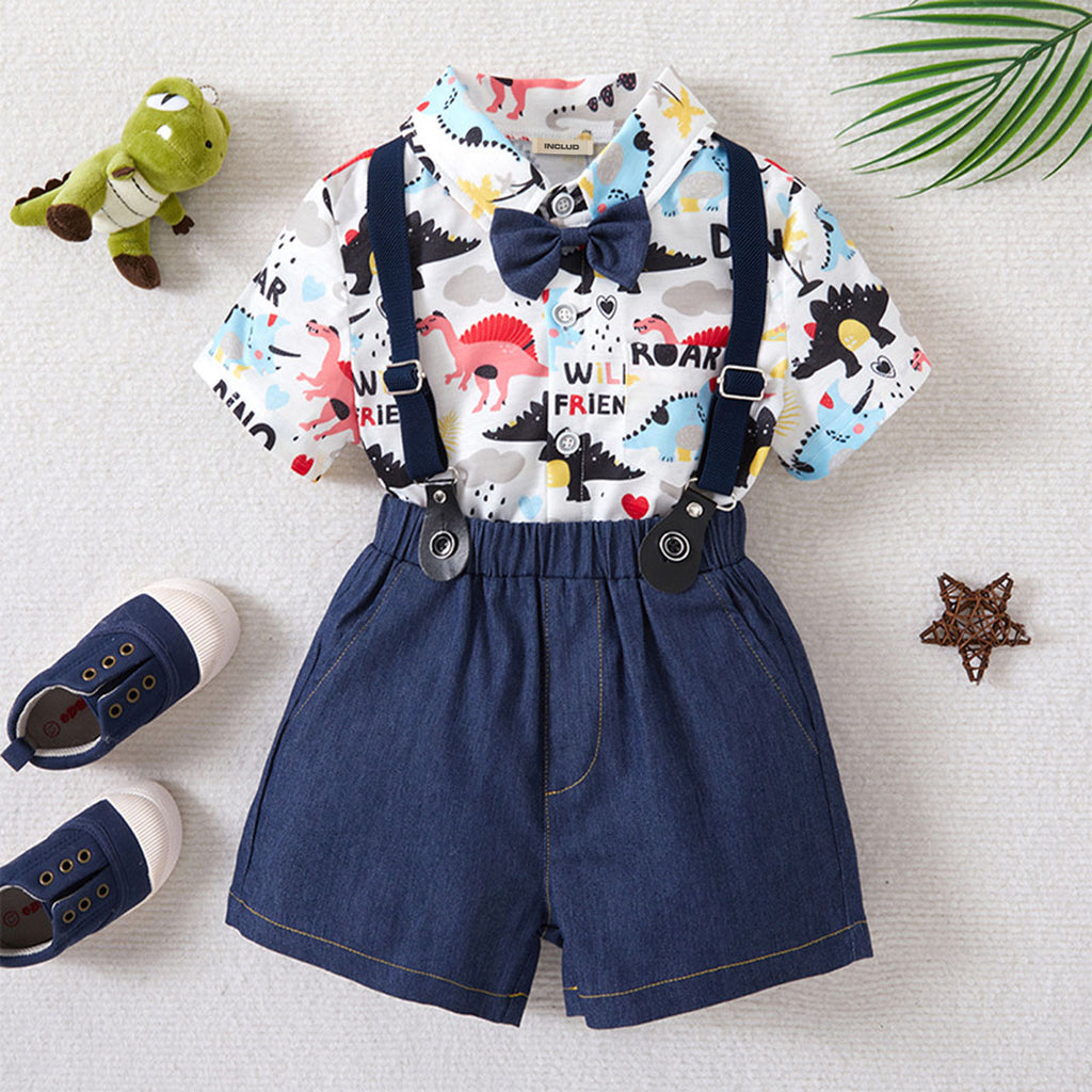 Boys Multicolor Dinosaur Printed Shirt With Suspender Shorts Set 2 pc. Sets Multicolor 1-2 Y