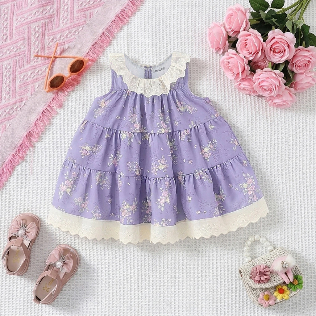 Girls Purple Floral Print Tiered A-line Dress Casual Dresses Purple 1-2 Y